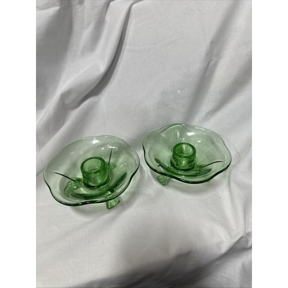 Vintage Green Uranium Lotus 3 Footed‎ Glass Candlestick Holders Set of 2